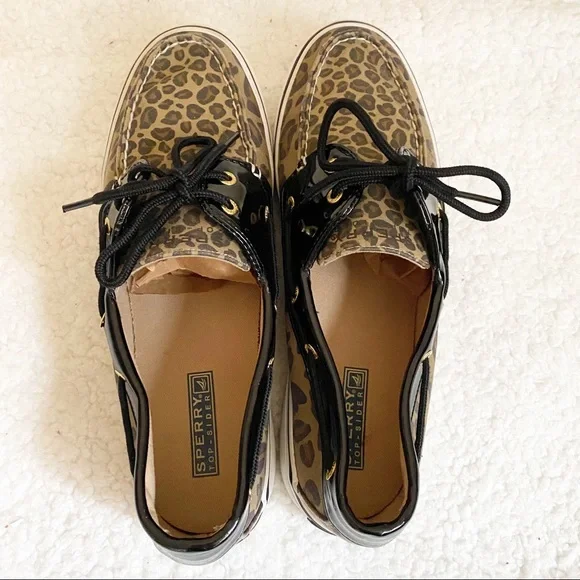 Sperry Leopard Biscayne Patent Leather Top Sider Boat Shoe Tan Black 10 - Picture 8 of 13